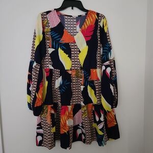 Women Mini Dress Tiered Balloon Sleeve Size M Colorful Vacation